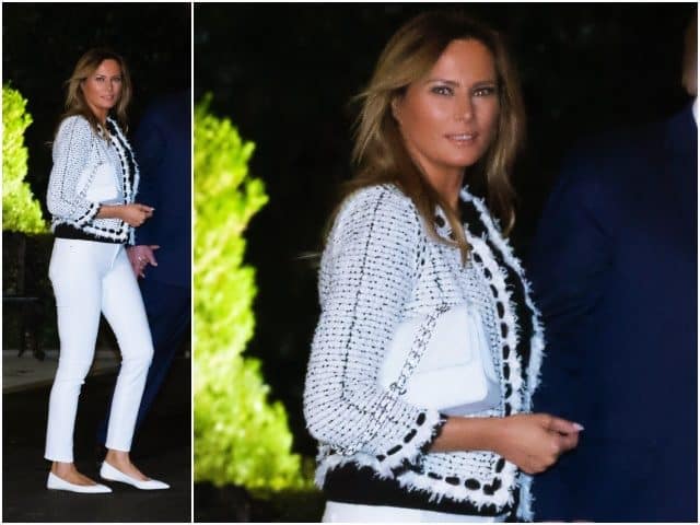 Melania Trump yn in Chanel-jas en Louboutins